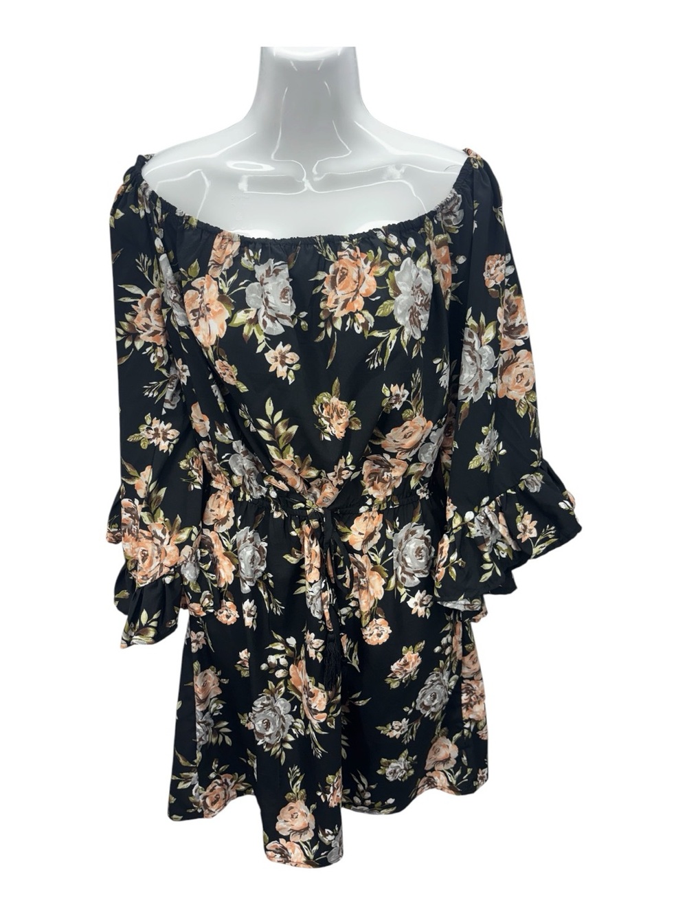 A Hint of Blush XL Floral Off-The-Shoulder Dress Bell Sleeve Black Boho Mini